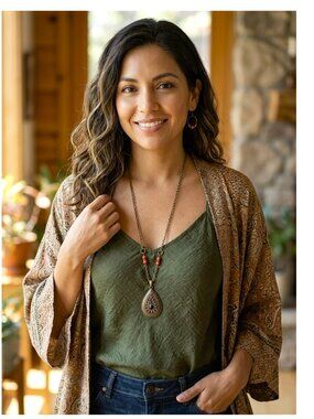 STATEMENT NECKLACE - Boho long gold, black and orange beaded medallion
